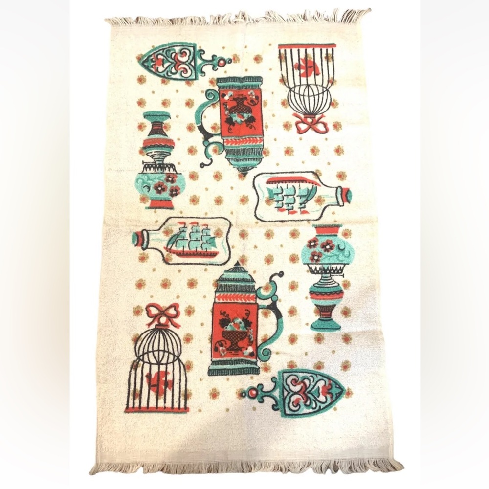 70s Retro VTG Kitchen Bath Hand Towel Fringe Stein Ship Iron